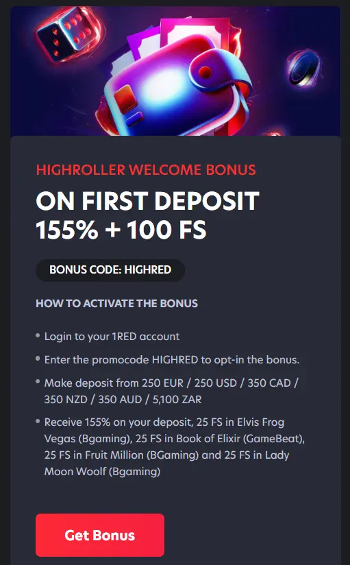 Highroller Welcome Bonus with Free Spins